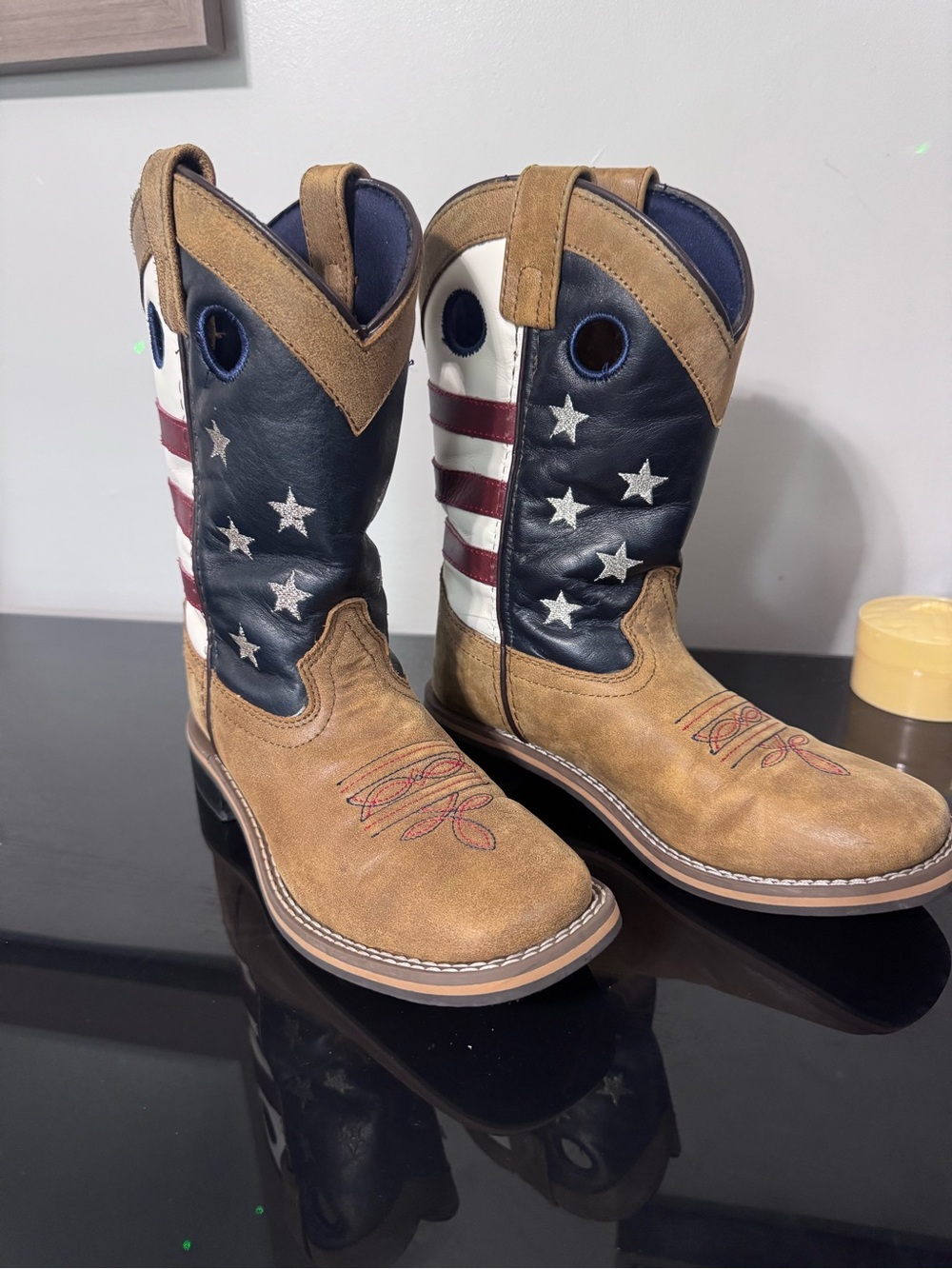 Kids Western Flag-Inspired Cowboy Boots — Brown & Navy